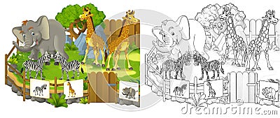 Cartoon scene with zoo enclosure with different animals - illustration Cartoon Illustration