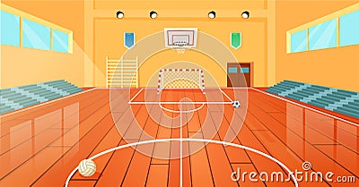 Cartoon school basketball gym, indoor sports court. Empty university gymnasium with basketball hoop and sport equipment Vector Illustration