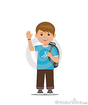 Cartoon school boy with school bag is waving his hand. Back to school. Vector illustration in flat style Vector Illustration