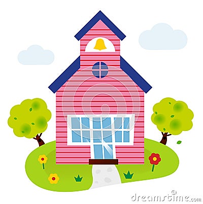 Cartoon school building with garden Stock Photo