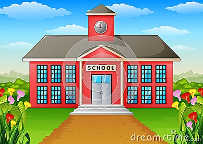 Cartoon school building with green yard Vector Illustration