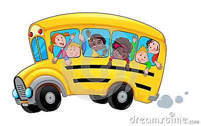 Cartoon school bus with happy child students Vector Illustration