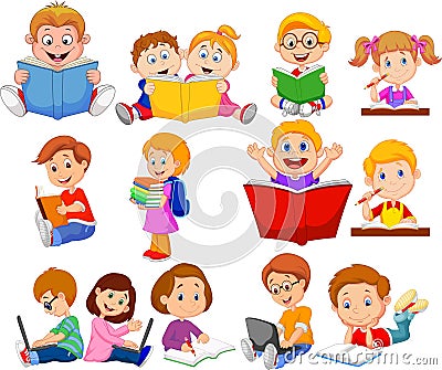 Cartoon school children reading book and operating computer collection set Vector Illustration