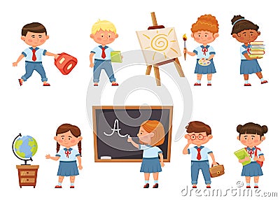 Cartoon school children in uniform, kids students with backpacks. Back to school. Happy boys and girls pupils holding Vector Illustration