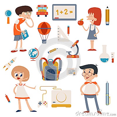 Cartoon School Retro Children Set Vector Illustration