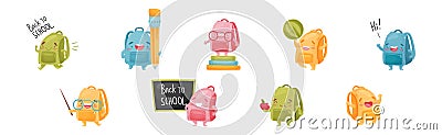 Cartoon Schoolbags or School Rucksack Character Vector Set Vector Illustration