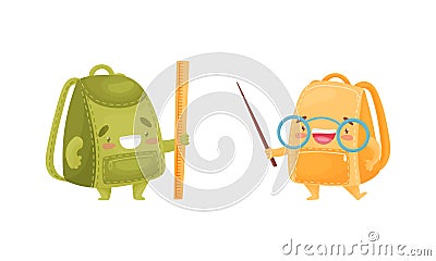 Cartoon Schoolbags or School Rucksack Holding Pointer and Ruler Vector Set Vector Illustration