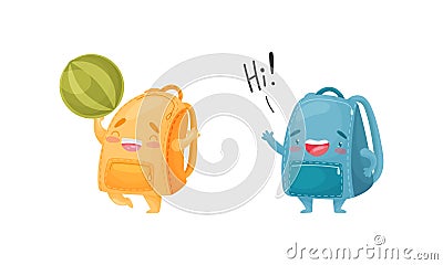 Cartoon Schoolbags or School Rucksack Playing Ball and Greeting Vector Set Vector Illustration