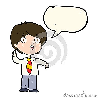 cartoon schoolboy answering question with speech bubble Stock Photo