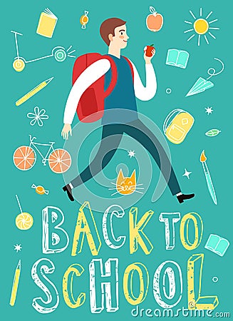 Cartoon schoolboy running with backpack Vector Illustration