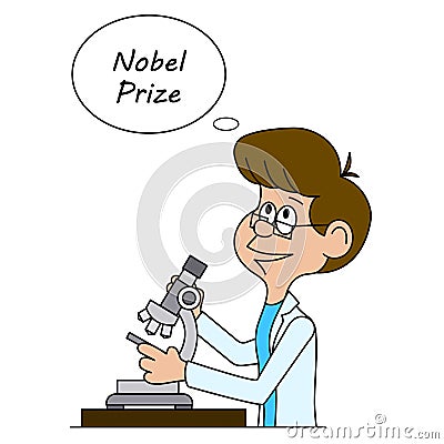 Cartoon scientist dreams of the Nobel Prize. Vector Illustration