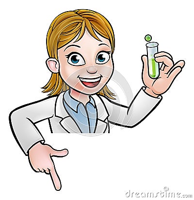 Cartoon Scientist Holding Test Tube Pointing Sign Vector Illustration