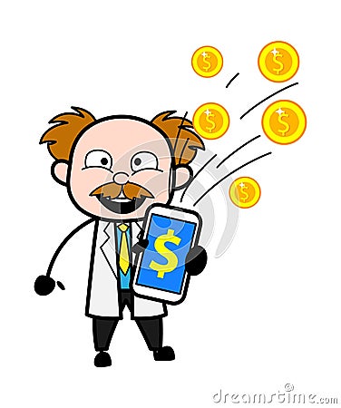 Cartoon Scientist showing Mobile Money Stock Photo