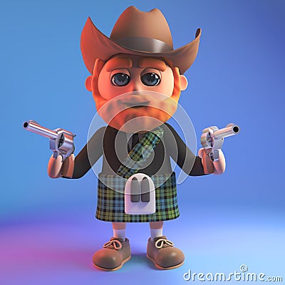 Cartoon Scottish man in kilt wearing a cowboy stetson hat and holding two guns, 3d illustration Cartoon Illustration