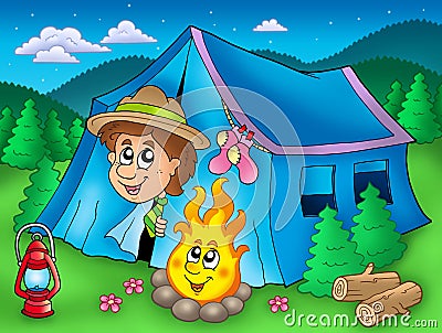 Cartoon scout boy in tent Cartoon Illustration