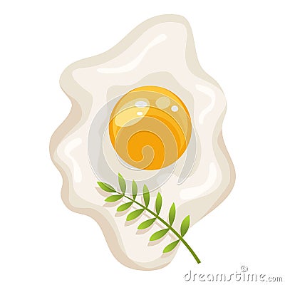 Cartoon scrambled egg isolated with a sprig of rosemary on white background. Healthy organic diet food. Best breakfast Vector Illustration