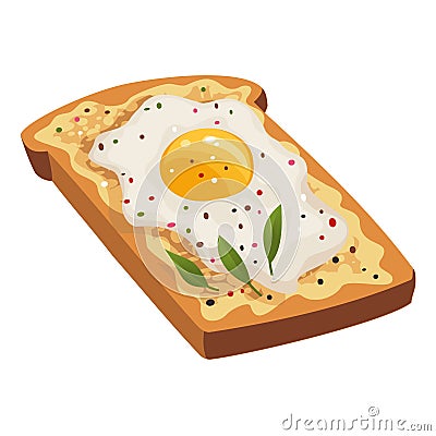 Cartoon scrambled egg on slices of fried bread with seasonings. Healthy organic diet food. Best breakfast. Fast food Vector Illustration