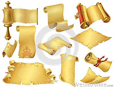 Cartoon scrolls. Ancient papyrus manuscripts and parchment, old paper scrolls for mobile and computer game. Vector Vector Illustration