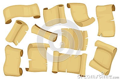 Cartoon scrolls collection. Old antique parchment roll, medieval torn manuscript map certificate, 2d game GUI elements. Vector Vector Illustration