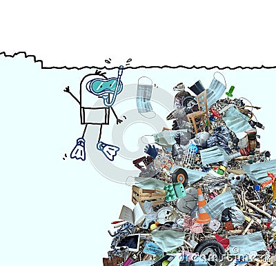 Cartoon scuba man with a big pile of garbage under the sea, with disposable Covid Masks Stock Photo