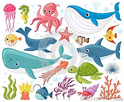 Cartoon sea animals. Cute ocean fish, octopus, shark and turtle, jellyfish, crab and seal. Underwater wildlife creatures Vector Illustration