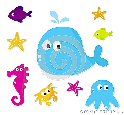 Cartoon Sea animals icons isolated on white Vector Illustration