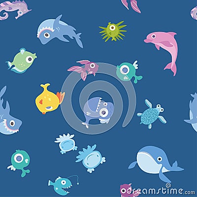 Cartoon sea animals, seamless pattern. Whale, shark, dolphin and other fish and animals. Vector background illustration. Vector Illustration