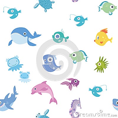 Cartoon sea animals, seamless pattern. Whale, shark, dolphin and other fish and animals. Vector background illustration. Vector Illustration