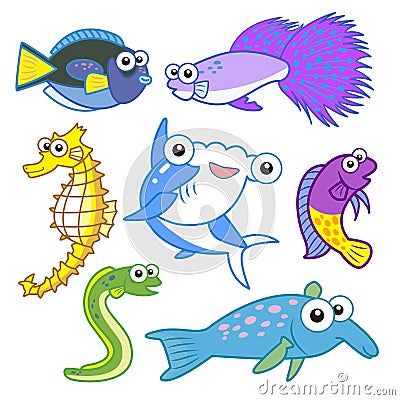 Cartoon sea animals set with white background Vector Illustration