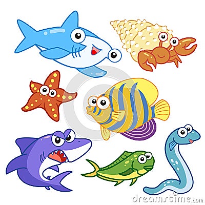 Cartoon sea animals set with white background Vector Illustration