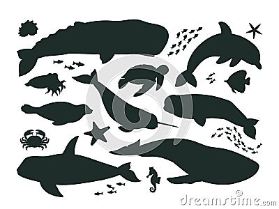 Cartoon sea animals silhouettes, ocean life fauna, orca, dolphin and whale. Underwater aquatic creatures, sperm whale, narwhal and Vector Illustration