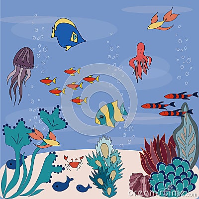 Cartoon sea bottom with colorful fishes Vector Illustration