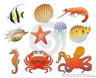 Cartoon Sea Fauna Elements Set Vector Illustration