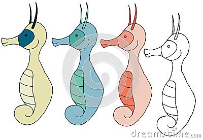 Cartoon sea horse monster color doodle hand draw happy set Vector Illustration