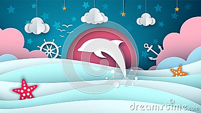 Cartoon sea illustration. Dolphin, cloud, star. Vector Illustration