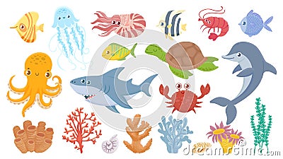 Cartoon sea life. Cute sea fish, aquatic corals, jellyfish and octopus. Funny shark and dolphin. Ocean crab, sea turtle Vector Illustration