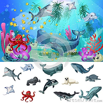 Cartoon Sea And Ocean Fauna Concept Vector Illustration