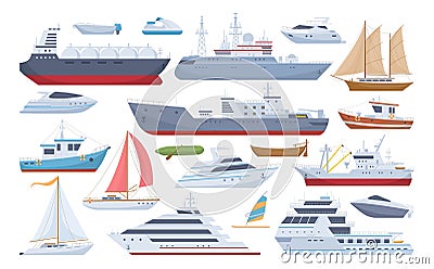 Cartoon sea ships, boats, yacht and cargo ship. Fishing boats, travel cruise and speed boat, water transportation flat vector Vector Illustration