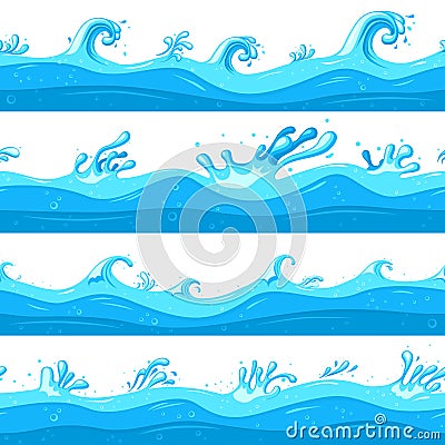 Cartoon sea waves. Ocean flow, game wave flat clipart. Cartoon blue sea or river surface, water splashes shapes recent Vector Illustration