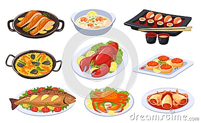 Cartoon seafood dishes, asian food and cuisine. Sushi, lobster, salmon, shrimp soup, baked fish. Delicious festive Vector Illustration