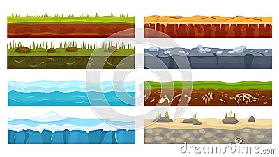 Cartoon seamless ground texture, game foreground design elements. Grass, soil, desert, ice, ocean gaming landscape Vector Illustration