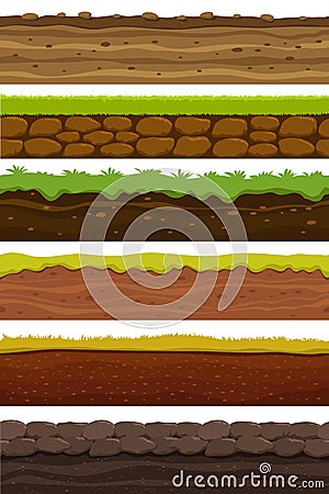 Cartoon seamless grounds. Wide landscape ground. Land and soil for ui game vector collection Vector Illustration