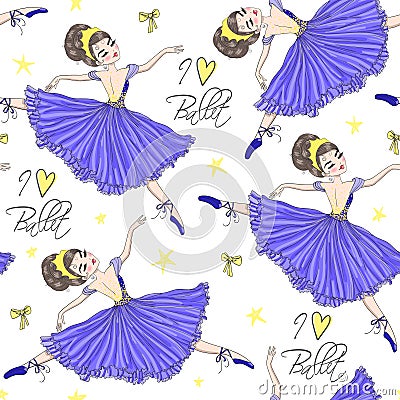 Cartoon seamless pattern with beautiful, lovely, little ballerinas girl. Vector Illustration