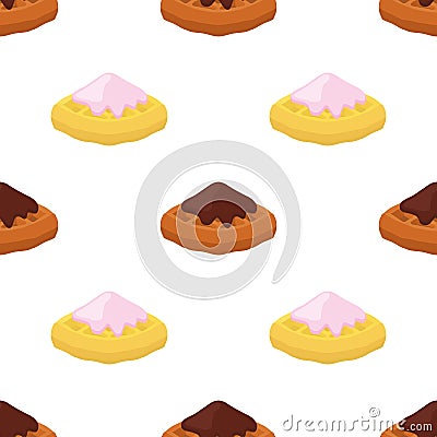 Cartoon seamless pattern of belgian, chinese waffles - yogurt, cream, chocolate Vector Illustration