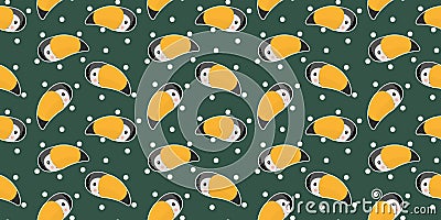 Cartoon seamless pattern cute faces of characters rainbow toucans with big yellow beaks, smiles, and ruddy cheeks. Exotic heads of Vector Illustration