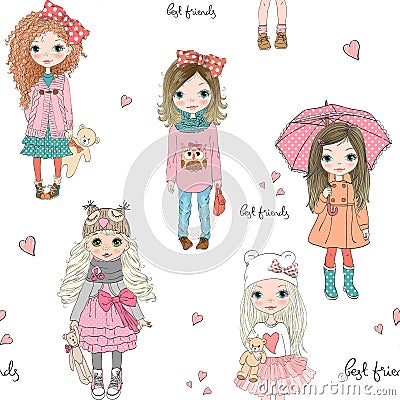 Cartoon seamless pattern with cute little baby girls. Vector Illustration