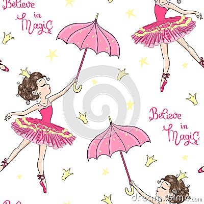 Cartoon seamless pattern with hand drawn beautiful, lovely, ballerinas girl with umbrella. Vector Illustration