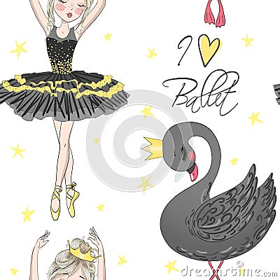 Cartoon seamless pattern with hand drawn cute little princess fairy girls. Vector Illustration