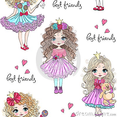 Cartoon seamless pattern with hand drawn cute little princess girls. Vector illustration. Vector Illustration