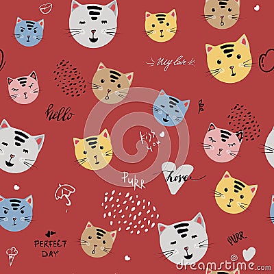 Cartoon Seamless Pattern of Heads of cute Cats. Vector illustration. Animal silhouette. Wallpaper, print design cat Vector Illustration